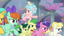 Size: 1280x720 | Tagged: safe, screencap, auburn vision, berry blend, berry bliss, citrine spark, cozy glow, fire quacker, green sprout, huckleberry, november rain, peppermint goldylinks, summer breeze, earth pony, pegasus, pony, unicorn, g4, school raze, angry mob, background pony, colt, evil grin, female, filly, flying, foal, friendship student, grin, male, mob, smiling, stallion