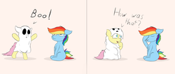 Size: 3500x1500 | Tagged: safe, artist:rainyvisualz, fluttershy, rainbow dash, ghost, pegasus, pony, g4, bipedal, clothes, comic, costume, duo, excited, facehoof, flutterghost, missing cutie mark, pink background, simple background, sitting, standing, unamused