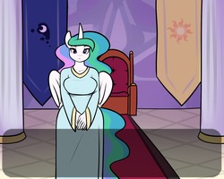 Size: 1280x1024 | Tagged: safe, artist:elzzombie, princess celestia, alicorn, anthro, g4, clothes, dress, female, mare, solo