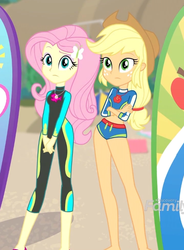 Size: 480x653 | Tagged: safe, screencap, applejack, fluttershy, blue crushed, equestria girls, g4, my little pony equestria girls: better together, animation error, applejack's hat, belly button, clothes, confused, cowboy hat, cropped, crossed arms, female, fluttershy's wetsuit, freckles, geode of fauna, geode of super strength, hat, jewelry, legs, magical geodes, necklace, surfboard, swimsuit, wetsuit