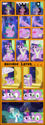 Size: 4338x12000 | Tagged: safe, artist:mlpconjoinment, princess ember, rarity, spike, twilight sparkle, alicorn, dragon, pony, unicorn, g4, absurd resolution, blushing, broom, cheek squish, circling stars, comic, conjoined, derp, dizzy, dragging, eyes closed, fangs, floppy ears, fusion, fusion:princess ember, fusion:rarity, grin, gritted teeth, implied emberspike, implied shipping, implied sparember, implied sparity, implied straight, magic, multiple heads, nightmare night, silhouette, smiling, squishy cheeks, sweeping, the worst possible thing, transformation, tumbling, twilight sparkle (alicorn), twilight's castle, two heads, we have become one, what has magic done