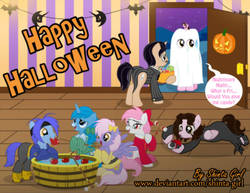 Size: 1024x792 | Tagged: safe, artist:shinta-girl, oc, oc:aaron pony, oc:ceruyo, oc:dream star, oc:flower white, oc:joshka, oc:shinta pony, oc:shiny love, angel pony, clothes, cosplay, costume, group, halloween, holiday, nightmare night