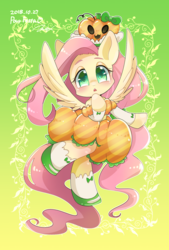 Size: 865x1280 | Tagged: safe, artist:bbtasu, fluttershy, pegasus, pony, g4, bow, clothes, dress, female, looking at you, mare, nightmare night, pumpkin, solo, spread wings, wings