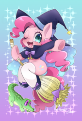 Size: 865x1280 | Tagged: safe, artist:bbtasu, gummy, pinkie pie, earth pony, pony, g4, broom, cute, diapinkes, female, flying, flying broomstick, mare, nightmare night, one eye closed, wink, witch