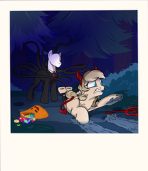 Size: 823x952 | Tagged: safe, artist:rutkotka, oc, oc:vital sparkle, devil, candy, dark, food, forest, halloween, holiday, nightmare night, pitchfork, scared, slenderman, this will end in death, this will end in tears and/or death