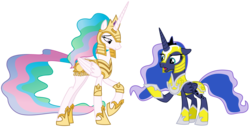 Size: 4004x2063 | Tagged: safe, artist:sketchmcreations, idw, princess celestia, princess luna, alicorn, pony, g4, armor, body armor, concave belly, duo, duo female, ethereal mane, ethereal tail, female, folded wings, height difference, helmet, hoof shoes, lidded eyes, long mane, long tail, mare, open mouth, peytral, princess shoes, raised hoof, royal sisters, simple background, sisters, slender, standing, starry mane, tail, tall, thin, transparent background, vector, warrior, warrior celestia, warrior luna, wings