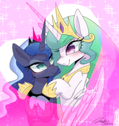 Size: 1170x1245 | Tagged: safe, artist:bbtasu, princess celestia, princess luna, alicorn, pony, g4, blushing, crown, duo, female, heart, hug, jewelry, looking at each other, mare, regalia, royal sisters, sibling love, siblings, sisterly love, sisters, sparkles