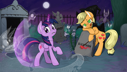 Size: 1920x1080 | Tagged: safe, artist:obcor, applejack, twilight sparkle, alicorn, bat, earth pony, ghost, pony, g4, cloak, clothes, female, flower, full moon, graveyard, halloween, halloween 2018, hat, holiday, lily (flower), magic wand, mare, moon, night, swirly eyes, twilight sparkle (alicorn), witch hat