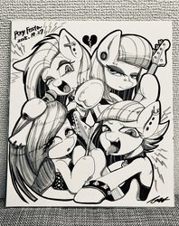 Size: 1620x2048 | Tagged: safe, artist:bbtasu, limestone pie, marble pie, maud pie, pinkie pie, earth pony, pony, g4, band, bass guitar, drumsticks, ear piercing, electric guitar, female, guitar, mare, microphone, musical instrument, pie sisters, piercing, siblings, singing, sisters, traditional art