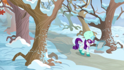 Size: 1440x810 | Tagged: safe, screencap, rarity, pony, unicorn, g4, my little pony best gift ever, bare tree, clothes, female, glasses, hat, magic, magic aura, mare, oak tree, paper, path, snow, solo, sweet acorn orchard, telekinesis, tree, winter, winter outfit