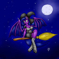 Size: 1200x1200 | Tagged: safe, artist:short circuit, oc, oc only, oc:violet, bat pony, changeling, anthro, broom, clothes, flying, flying broomstick, halloween, hat, holiday, moon, socks, solo, stars, witch, witch hat