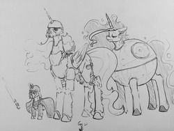 Size: 1280x960 | Tagged: safe, artist:greyscaleart, princess celestia, princess luna, twilight sparkle, pony, g4, clothes, costume, darth vader, death star, female, filly, filly twilight sparkle, luna is not amused, mare, monochrome, royal sisters, sketch, star wars, stormtrooper, that's no moon, unamused, younger