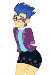 Size: 1200x1800 | Tagged: safe, artist:mashoart, flash sentry, juniper montage, equestria girls, g4, :3, clothes, clothes swap, crossdressing, dress, glasses, looking at you, solo