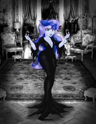 Size: 2835x3657 | Tagged: safe, artist:ponymaan, princess luna, vice principal luna, equestria girls, g4, beautiful, breasts, clothes, costume, cute, dress, halloween, halloween costume, high res, hobble dress, holiday, lidded eyes, looking at you, morticia addams, stupid sexy princess luna, the addams family