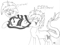 Size: 2656x1996 | Tagged: safe, artist:novaspark, oc, oc only, oc:fury spark, oc:nova spark, monster pony, original species, pony, tatzlpony, unicorn, dialogue, fangs, fetish, inktober, oral vore, swallowing, tentacles, throat bulge, vore, voretober