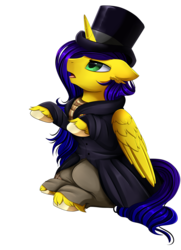 Size: 2016x2783 | Tagged: safe, artist:pridark, oc, oc only, oc:sonny starbrite, alicorn, pegasus, pony, alicorn oc, commission, green eyes, hat, high res, simple background, sitting, solo, top hat, transparent background, ych result