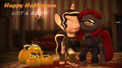 Size: 1920x1080 | Tagged: safe, artist:razethebeast, oc, oc only, oc:curse word, oc:magpie, pony, unicorn, 3d, candy, clothes, eyes closed, female, food, glasses, happy halloween, lesbian, open mouth, pumpkin, source filmmaker