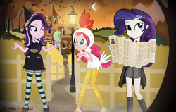 Size: 7080x4489 | Tagged: safe, artist:invisibleink, pinkie pie, rarity, starlight glimmer, equestria girls, g4, absurd resolution, animal costume, autumn, barn, chicken pie, chicken suit, clothes, costume, farm, fence, food, halloween, halloween 2018, hat, hay, hermione granger, holiday, hollow shades, ice cream, lamp, map, moon, tree, witch, witch hat