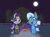 Size: 1767x1325 | Tagged: safe, artist:lyrabop, starlight glimmer, trixie, pony, unicorn, g4, bat pony costume, clothes, costume, duo, female, full moon, glowing horn, halloween, halloween costume, holiday, horn, magic, mare, moon, night, nightmare night, nightmare night costume, pumpkin bucket, skeleton costume, spread wings, stars, telekinesis, trick or treat, wings