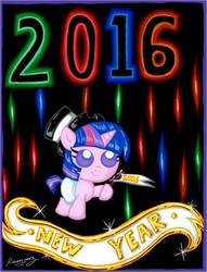 Size: 809x1057 | Tagged: safe, artist:rammzblood, twilight sparkle, pony, unicorn, g4, baby, baby pony, babylight sparkle, diaper, female, filly, filly twilight sparkle, flag, happy new year 2016, hat, hoof hold, new year, op is a slowpoke, slowpoke, solo, top hat, unicorn twilight, younger