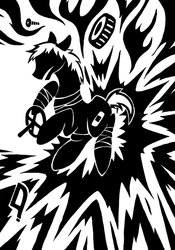 Size: 748x1067 | Tagged: safe, artist:sunnyclockwork, pony, abstract background, accident, black and white, car accident, car crash, dr. gerald, explosion, grayscale, monochrome, scp, scp foundation, scp-666-j, solo
