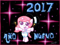 Size: 1408x1075 | Tagged: safe, artist:rammzblood, princess celestia, pony, g4, clothes, female, happy new year 2017, hat, hoof hold, op is a slowpoke, pants, sash, solo, spanish, sparkler (firework), sparkles, stars, top hat