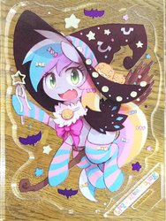 Size: 902x1200 | Tagged: safe, artist:kolshica, oc, oc only, oc:rokuchan, bat, broom, clothes, flying, flying broomstick, halloween, hat, holiday, japan ponycon, socks, solo, striped socks, witch hat