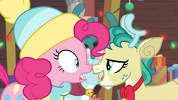 Size: 1920x1080 | Tagged: safe, screencap, alice the reindeer, aurora the reindeer, pinkie pie, deer, earth pony, pony, reindeer, best gift ever, g4, boop, female, grove of the gift givers, looking at each other, mare, nose to nose, nose wrinkle, noseboop