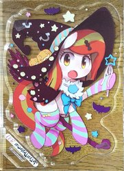 Size: 868x1200 | Tagged: safe, artist:kolshica, oc, oc only, oc:poniko, bat, broom, clothes, flying, flying broomstick, halloween, hat, holiday, japan ponycon, socks, solo, striped socks, witch hat