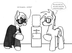 Size: 1121x821 | Tagged: safe, artist:dsb71013, oc, oc only, oc:night cap, oc:static signal, clothes, comic, costume, hoof hold, lineart, monochrome, phantom of the opera, tired