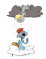Size: 1275x1650 | Tagged: safe, artist:fluttershythekind, derpy hooves, rainbow dash, pegasus, pony, g4, cloud, cutie mark, female, floppy ears, hooves, looking at each other, looking down, looking up, mare, on a cloud, oops my bad, open mouth, rain, raised hoof, simple background, teeth, wings