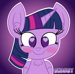 Size: 778x768 | Tagged: safe, artist:snakeythingy, twilight sparkle, alicorn, pony, g4, blushing, bookhorse, cute, female, gradient background, heart, heart eyes, looking at you, solo, twiabetes, twilight sparkle (alicorn), twinkle sprinkle, wingding eyes