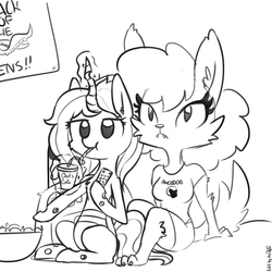 Size: 1650x1650 | Tagged: safe, artist:dsp2003, artist:tjpones edits, edit, oc, oc only, oc:chips, changeling, changeling queen, werewolf, awoo, changeling queen oc, chips, crossover, drink, drinking straw, female, food, mare, monochrome, remote control, scooby-doo and the ghoul school, simple background, sketch, white background, winnie the werewolf