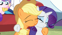 Size: 800x450 | Tagged: safe, screencap, applejack, princess flurry heart, rarity, alicorn, earth pony, pony, unicorn, g4, my little pony best gift ever, animated, baby, baby pony, best friends, cute, daaaaaaaaaaaw, duo focus, eyes closed, female, hug, jackabetes, loop, mare, nuzzling, raribetes, shipping fuel, smiling, weapons-grade cute