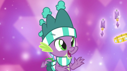 Size: 1280x720 | Tagged: safe, screencap, spike, dragon, g4, my little pony best gift ever, clothes, cute, ear piercing, earring, hat, jewelry, male, necklace, open mouth, piercing, scarf, solo, striped scarf, winged spike, wings, winter outfit