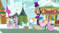 Size: 1280x720 | Tagged: safe, screencap, discord, rainbow dash, draconequus, pegasus, pony, sheep, g4, my little pony best gift ever, bowtie, candle, clothes, cute, female, hat, hoop, jumping, male, mare, scarf, snow, suit, tailcoat, tiny ewes, top hat, winter, winter outfit