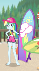 Size: 298x543 | Tagged: safe, screencap, rainbow dash, blue crushed, equestria girls, g4, my little pony equestria girls: better together, barefoot, belly button, bikini, bikini top, board shorts, cap, clothes, cropped, cute, dashabetes, feet, female, geode of super speed, hat, hips, legs, magical geodes, midriff, rainbow dash's beach shorts swimsuit, sexy, shorts, solo focus, surfboard, swimming trunks, swimsuit, tankini
