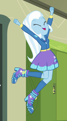 Size: 483x861 | Tagged: safe, screencap, trixie, equestria girls, equestria girls specials, g4, my little pony equestria girls: better together, my little pony equestria girls: forgotten friendship, boots, canterlot high, clothes, cropped, cute, diatrixes, dress, female, happy, hoodie, jumping, lockers, shoes, skirt, solo