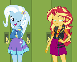 Size: 1099x878 | Tagged: safe, screencap, sunset shimmer, trixie, equestria girls, equestria girls series, forgotten friendship, g4, canterlot high, clothes, cropped, cute, diatrixes, geode of empathy, leather vest, lidded eyes, lockers, looking at you, magical geodes, one eye closed, raised eyebrow, skirt, smiling, smirk, wink