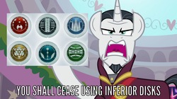 Size: 2048x1148 | Tagged: safe, edit, edited screencap, screencap, chancellor neighsay, pony, g4, school raze, angry, bionicle, kanoka disks, lego, male, meme, open mouth, solo, turaga dume