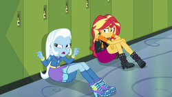Size: 1920x1080 | Tagged: safe, screencap, sunset shimmer, trixie, equestria girls, equestria girls specials, g4, my little pony equestria girls: better together, my little pony equestria girls: forgotten friendship, boots, canterlot high, clothes, duo, female, high heel boots, high heels, legs, lockers, shoes, skirt