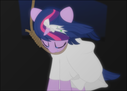 Size: 1920x1382 | Tagged: safe, artist:eagle1division, twilight sparkle, pony, g4, bow, clothes, crying, dark background, dress, execution, eyes closed, female, hanging (by neck), imminent suicide, mare, noose, ribbon, rope, sad, solo, white dress