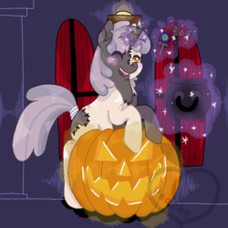 Size: 700x700 | Tagged: safe, artist:peachy-pea, oc, oc only, oc:miss match, monster pony, pony, unicorn, frankenstein's monster, halloween, holiday, jack-o-lantern, pumpkin, solo