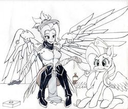 Size: 1024x870 | Tagged: safe, artist:janji009, fluttershy, human, pegasus, pony, g4, bandage, crossover, cute, female, first aid kit, flutternurse, healing, injured, inktober, inktober 2018, mare, mercy, monochrome, overwatch, shyabetes, traditional art