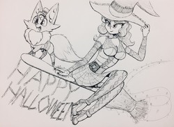 Size: 3214x2358 | Tagged: safe, artist:floofyfoxcomics, oc, oc:autumn science, fennec fox, fox, human, broom, hat, high heels, high res, humanized, monochrome, shoes, stiletto heels, traditional art, witch costume, witch hat