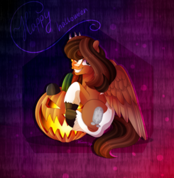 Size: 3496x3568 | Tagged: safe, artist:merienvip, oc, oc only, oc:jilan, pegasus, pony, female, halloween, high res, holiday, jack-o-lantern, mare, pumpkin, solo