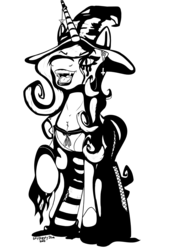 Size: 2400x3300 | Tagged: safe, artist:skydiggitydive, fleur-de-lis, pony, unicorn, g4, black and white, chest fluff, clothes, costume, ear piercing, fangs, female, fishnet stockings, grayscale, hair over one eye, halloween, halloween costume, hat, high res, holiday, inktober, mare, monochrome, open mouth, piercing, raised hoof, simple background, solo, stockings, thigh highs, white background, witch, witch hat