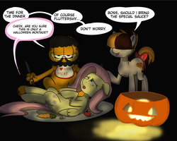 Size: 5000x4000 | Tagged: safe, artist:chedx, fluttershy, oc, g4, fork, garfield, halloween, holiday, jack-o-lantern, knife, male, plate, pumpkin