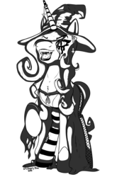 Size: 2400x3300 | Tagged: safe, artist:skydiggitydive, fleur-de-lis, pony, unicorn, g4, chest fluff, clothes, costume, ear piercing, fangs, female, fishnet stockings, grayscale, hair over one eye, halloween, halloween costume, hat, high res, holiday, inktober, mare, monochrome, open mouth, piercing, raised hoof, simple background, socks, solo, stockings, thigh highs, white background, witch, witch hat