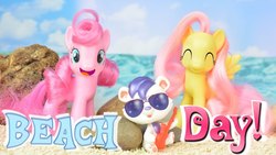 Size: 1280x720 | Tagged: safe, fluttershy, pinkie pie, g4, beach, cute, diapinkes, female, happy, irl, littlest pet shop, photo, shyabetes, toy